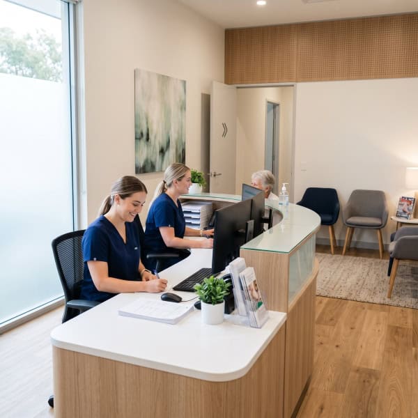 Reception area with staff assisting patients at Medstarter clinic.