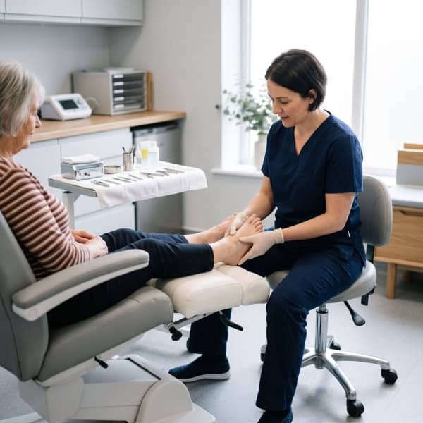 Podiatrist examining a patient's foot in a medical clinic setting.